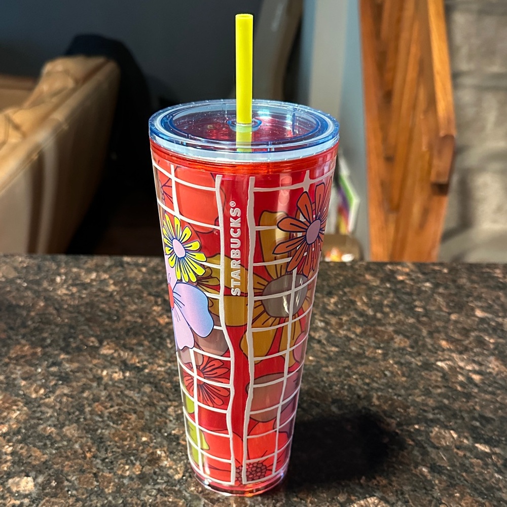 Brand new: Starbucks Red Floral Tumbler with Blue Lid